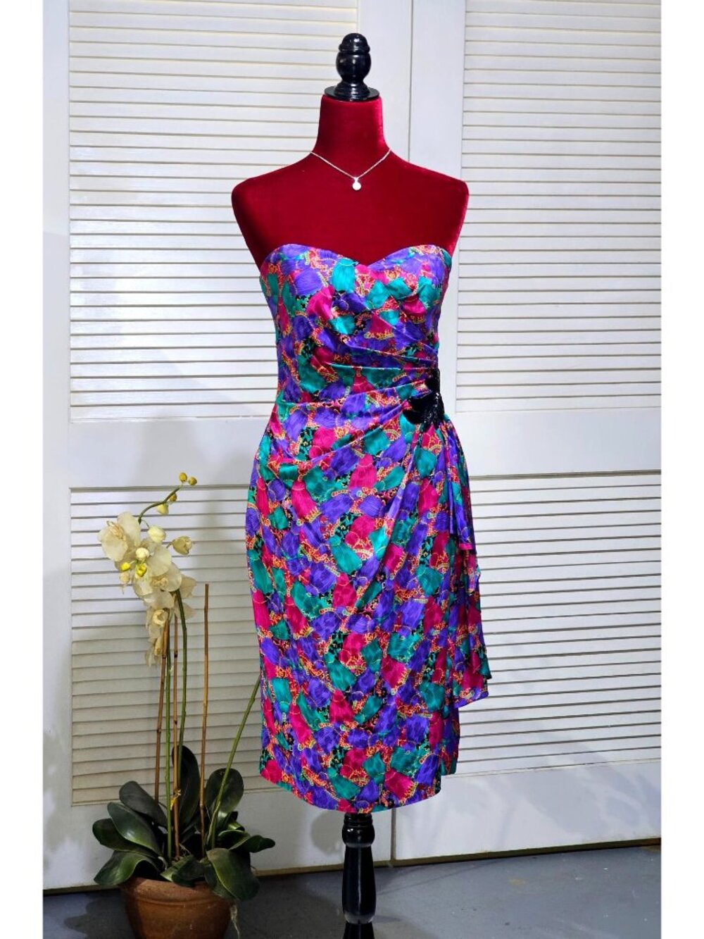 Vintage Silk Studio Women's Silk Multicolor Strapless Beaded Dress Size 8 2784